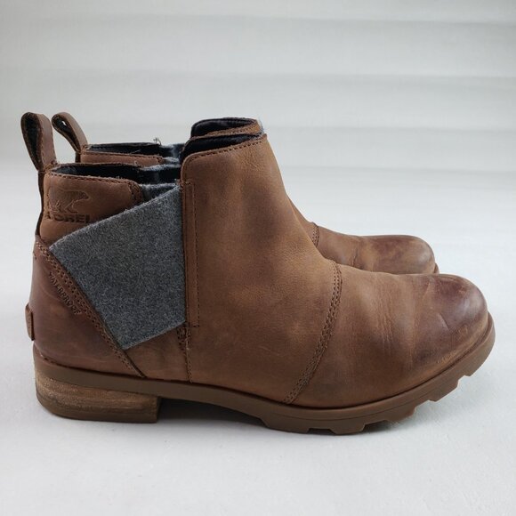 Sorel Emelie Chelsea Ankle Boot Womens 8.5 Brown Leather Pull On Waterproof - Picture 1 of 10